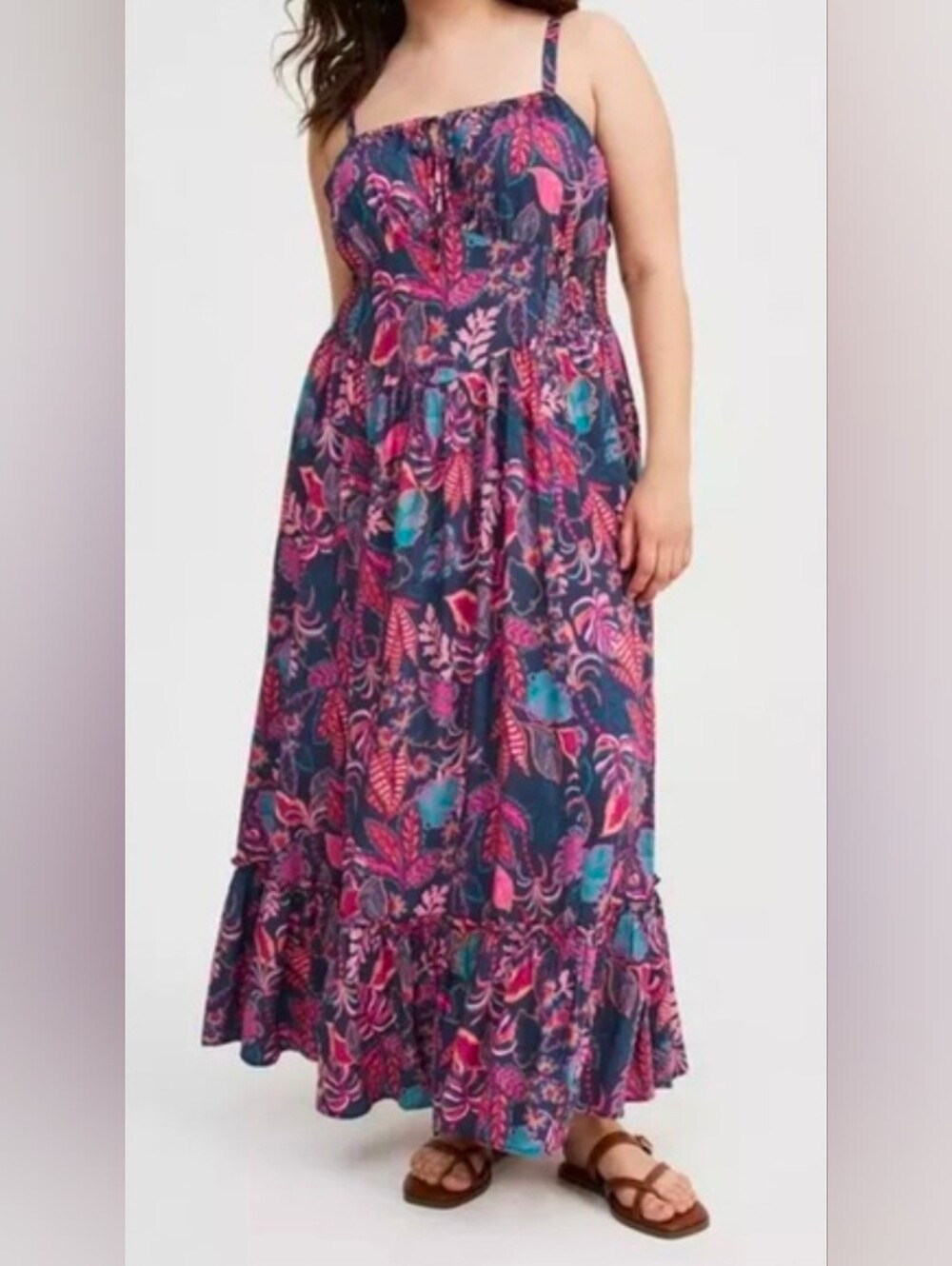 torrid washable challis smocked maxi dress Connie leaves peacoat size 1x NWT
